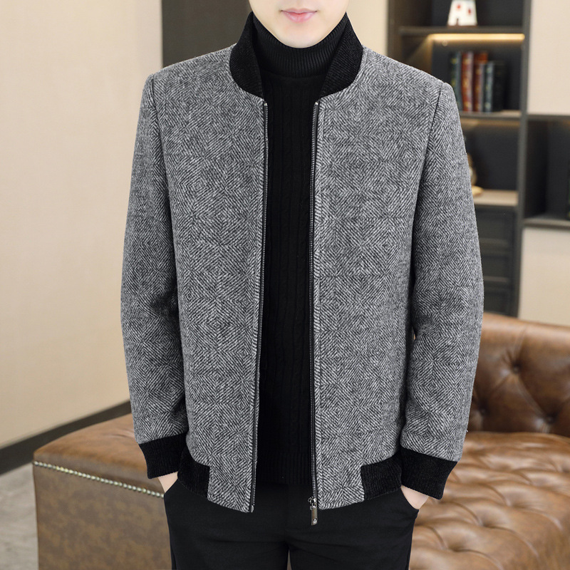 Business Casual Padded And Thickened Stand-up Collar Zip-up Men's Wool Jacket